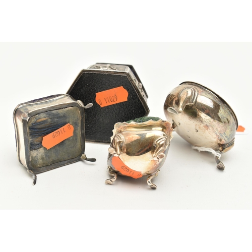 177 - FOUR PIN CUSHIONS, two possible salt conversions, the first fitted with a green fabric cushion, hall... 