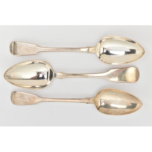 178 - THREE GEORGIAN SILVER TABLESPOONS, fiddle pattern spoons with polished terminals, each hallmarked fo... 