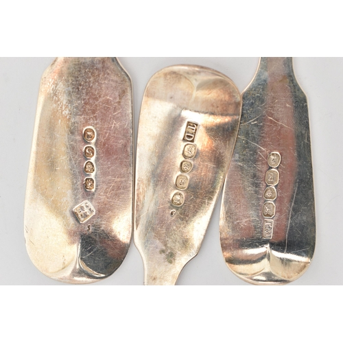178 - THREE GEORGIAN SILVER TABLESPOONS, fiddle pattern spoons with polished terminals, each hallmarked fo... 