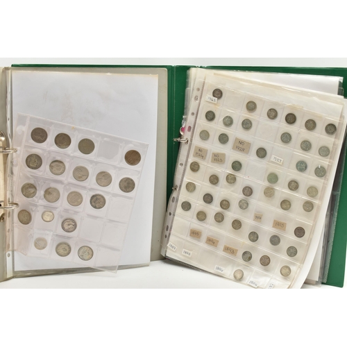 225 - TWO ALBUMS CONTAINING MIXED COINS, to include UK coins with amounts of Silver 3d coins Victoria-Geor... 