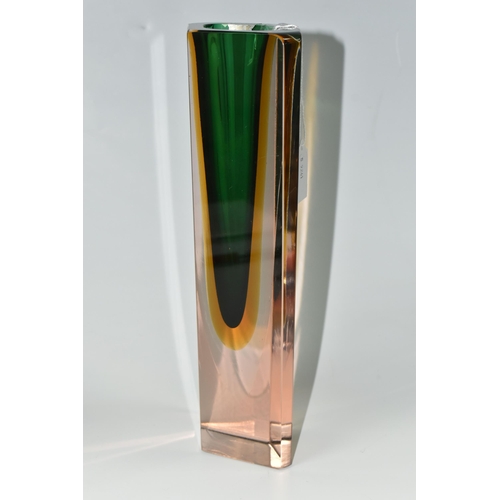 382 - A MID-CENTURY MURANO SOMMERSO FACETED GLASS BLOCK VASE, green and amber, height 26.5cm, foil sticker... 