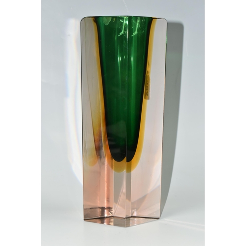 382 - A MID-CENTURY MURANO SOMMERSO FACETED GLASS BLOCK VASE, green and amber, height 26.5cm, foil sticker... 