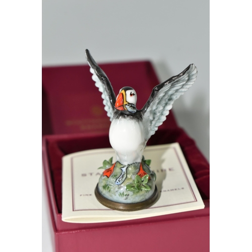 389 - A BOXED STAFFORDSHIRE  CHELSEA BONBONNIERE, a hand painted puffin with outstretched wings, in origin... 