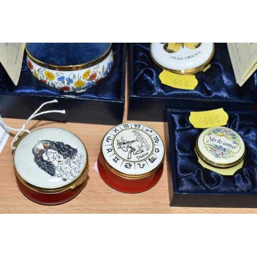 414 - SEVEN CRUMMLES ENAMEL TRINKET BOXES AND SIMILAR ITEMS, of which five are boxed, comprising three box... 