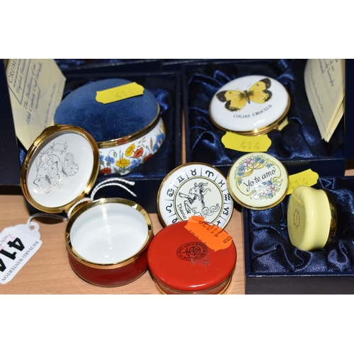 414 - SEVEN CRUMMLES ENAMEL TRINKET BOXES AND SIMILAR ITEMS, of which five are boxed, comprising three box... 