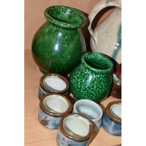 417 - FOURTEEN PIECES OF STUDIO POTTERY, to include two green glazed vases marked 'Fougard-Jourdan, Vallau... 