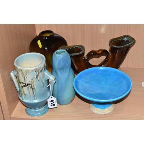 419 - FIVE PIECES OF AMERICAN ART POTTERY, comprising a Roseville Pottery twin handled vase, with relief m... 