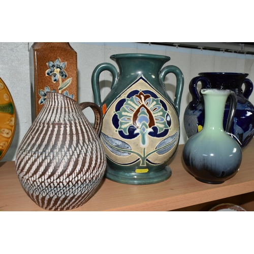 422 - A GROUP OF CERAMICS, comprising a Marzi and Remi light green and dark brown glazed jug, height 18cm,... 