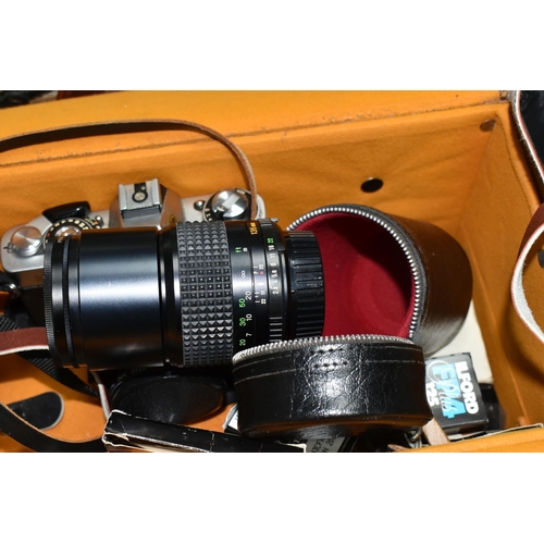 455 - ONE BOX AND LOOSE CAMERAS AND ACCESSORIES to include a Minolta XD-5 fitted with a 50mm 1:17mm lens, ... 