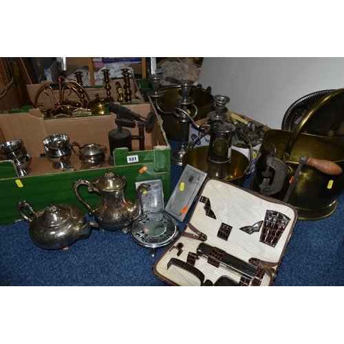 521 - THREE BOXES AND LOOSE METALWARE, to include, The Eccles protector type 6 miners lamp, No.9, brass pl... 