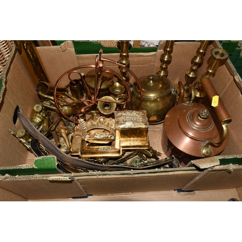 521 - THREE BOXES AND LOOSE METALWARE, to include, The Eccles protector type 6 miners lamp, No.9, brass pl... 