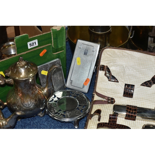 521 - THREE BOXES AND LOOSE METALWARE, to include, The Eccles protector type 6 miners lamp, No.9, brass pl... 