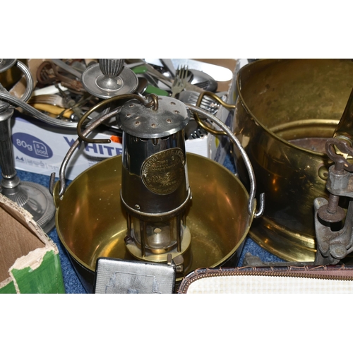 521 - THREE BOXES AND LOOSE METALWARE, to include, The Eccles protector type 6 miners lamp, No.9, brass pl... 