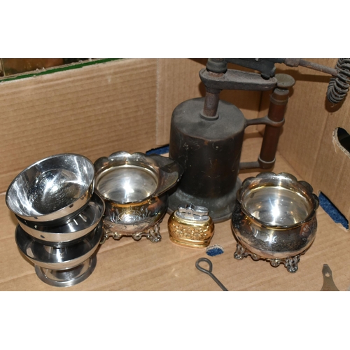 521 - THREE BOXES AND LOOSE METALWARE, to include, The Eccles protector type 6 miners lamp, No.9, brass pl... 