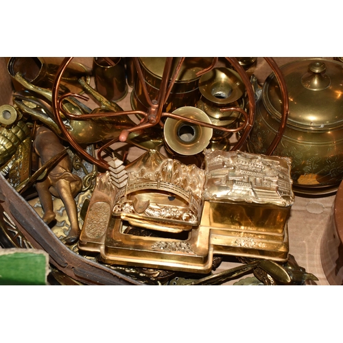 521 - THREE BOXES AND LOOSE METALWARE, to include, The Eccles protector type 6 miners lamp, No.9, brass pl... 