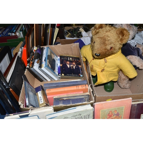 523 - FIVE BOXES AND LOOSE BOOKS, CDS, DVDS AND SUNDRY ITEMS,  to include twelve vintage books, including ... 