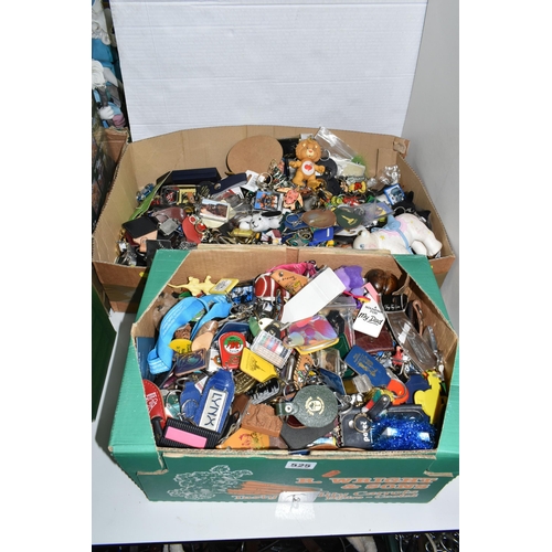 525 - TWO BOXES OF KEY RINGS, a large collection to include souvenir, advertising, Scouting and novelty ex... 