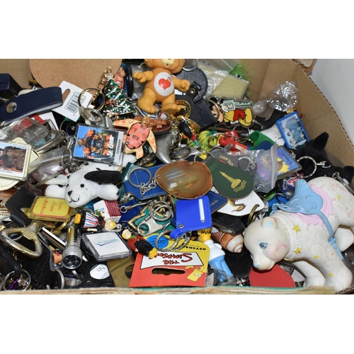 525 - TWO BOXES OF KEY RINGS, a large collection to include souvenir, advertising, Scouting and novelty ex... 