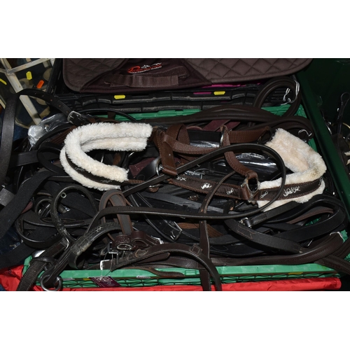 526 - THREE BOXES OF HORSE TACK, ETC, to include various different bits, bridle, reins, headcollar, girths... 