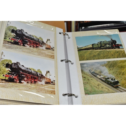 527 - TWO BOXES OF RAILWAY INTEREST, to include two albums of postcards of mainly steam locomotives, nine ... 