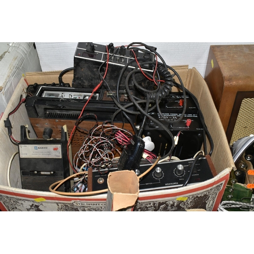 528 - TWO BOXES AND LOOSE COMMODORE 16 COMPUTER, CB RADIOS AND OTHER VINTAGE ELECTRONICS, includes a light... 