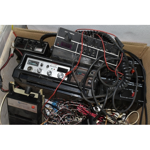 528 - TWO BOXES AND LOOSE COMMODORE 16 COMPUTER, CB RADIOS AND OTHER VINTAGE ELECTRONICS, includes a light... 