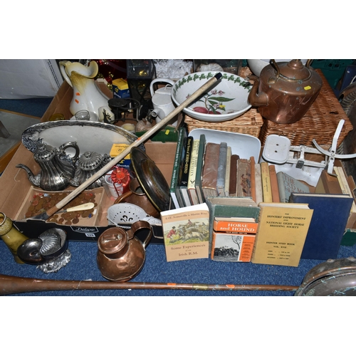 529 - THREE BOXES AND LOOSE METALWARE, BOOKS AND SUNDRY ITEMS, to include copper items: a kettle, covered ... 