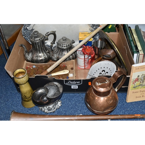 529 - THREE BOXES AND LOOSE METALWARE, BOOKS AND SUNDRY ITEMS, to include copper items: a kettle, covered ... 