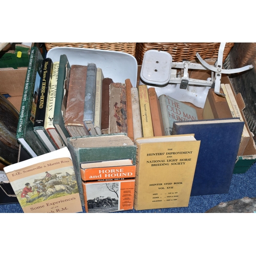 529 - THREE BOXES AND LOOSE METALWARE, BOOKS AND SUNDRY ITEMS, to include copper items: a kettle, covered ... 