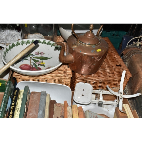 529 - THREE BOXES AND LOOSE METALWARE, BOOKS AND SUNDRY ITEMS, to include copper items: a kettle, covered ... 