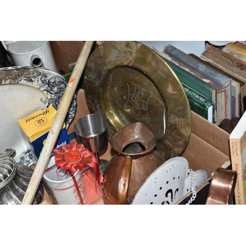 529 - THREE BOXES AND LOOSE METALWARE, BOOKS AND SUNDRY ITEMS, to include copper items: a kettle, covered ... 