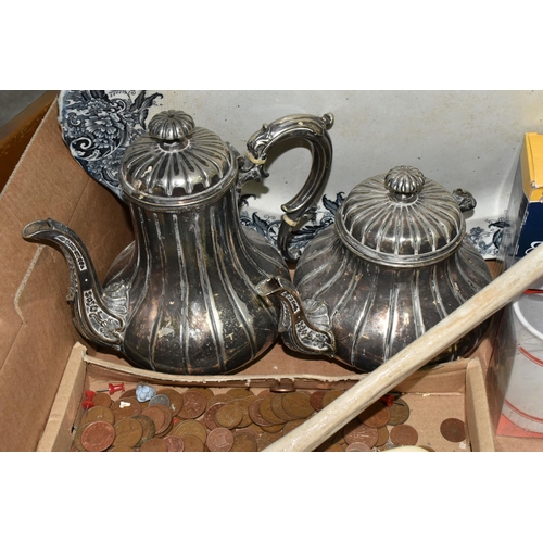 529 - THREE BOXES AND LOOSE METALWARE, BOOKS AND SUNDRY ITEMS, to include copper items: a kettle, covered ... 