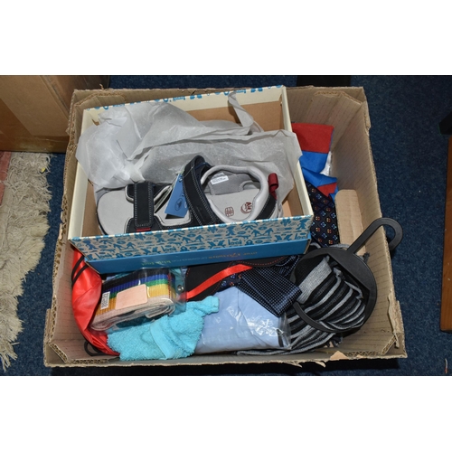 539 - THREE BOXES OF LADIES' CLOTHING, to include skirts, tops, blouses (mostly Uk size 18), a gentleman's... 