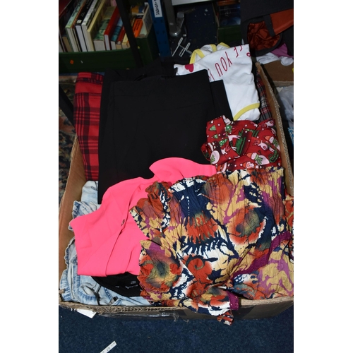 539 - THREE BOXES OF LADIES' CLOTHING, to include skirts, tops, blouses (mostly Uk size 18), a gentleman's... 