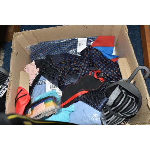 539 - THREE BOXES OF LADIES' CLOTHING, to include skirts, tops, blouses (mostly Uk size 18), a gentleman's... 