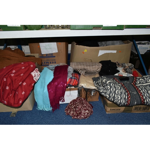 603 - FIVE BOXES OF LADIES' CLOTHING, to include sweaters, knitwear, cardigans, scarves and shawls, mostly... 