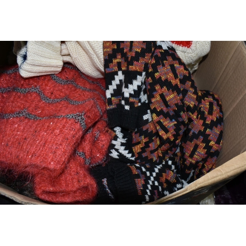 603 - FIVE BOXES OF LADIES' CLOTHING, to include sweaters, knitwear, cardigans, scarves and shawls, mostly... 