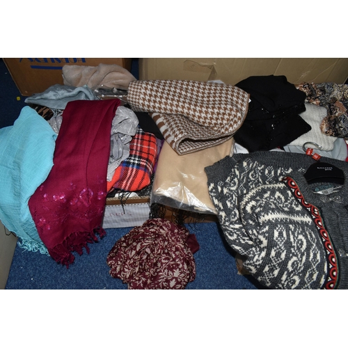 603 - FIVE BOXES OF LADIES' CLOTHING, to include sweaters, knitwear, cardigans, scarves and shawls, mostly... 