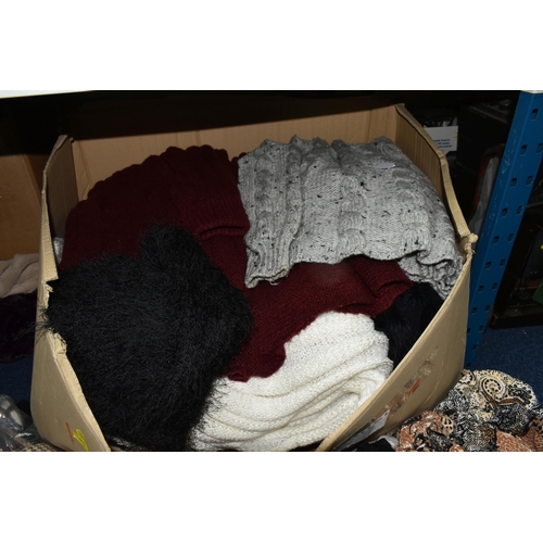 603 - FIVE BOXES OF LADIES' CLOTHING, to include sweaters, knitwear, cardigans, scarves and shawls, mostly... 