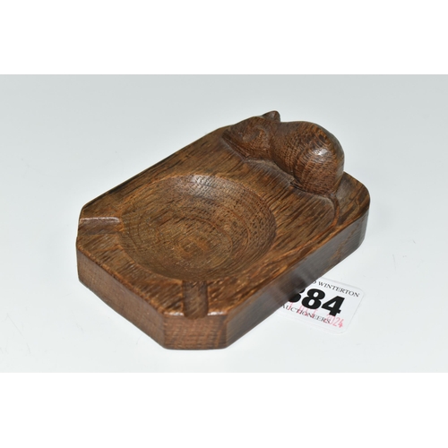 384 - A ROBERT THOMPSON OF KILBURN 'MOUSEMAN' OAK ASHTRAY, carved with signature mouse, length 10cm x widt... 