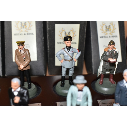 387 - A COLLECTION OF TEN METAL & SOUL MILITARY MINIATURES, together with individual boxes and wooden disp... 