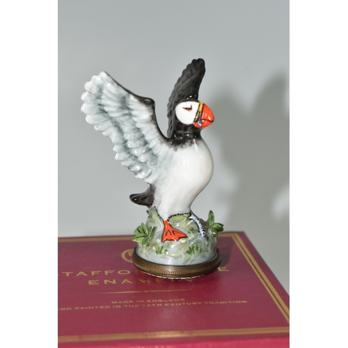 389 - A BOXED STAFFORDSHIRE  CHELSEA BONBONNIERE, a hand painted puffin with outstretched wings, in origin... 