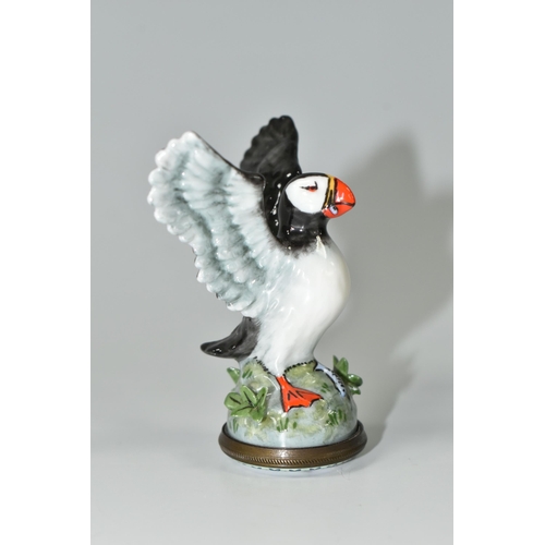 389 - A BOXED STAFFORDSHIRE  CHELSEA BONBONNIERE, a hand painted puffin with outstretched wings, in origin... 