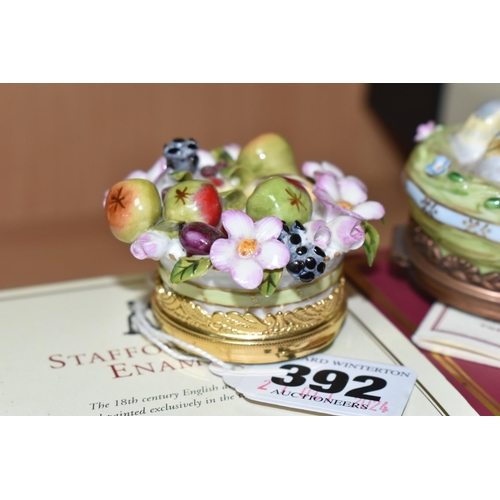 392 - TWO BOXED STAFFORDSHIRE ENAMELS CHELSEA BONBONNIERES, hand painted limited edition boxes, one depict... 