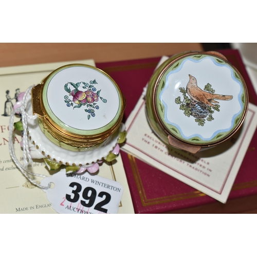 392 - TWO BOXED STAFFORDSHIRE ENAMELS CHELSEA BONBONNIERES, hand painted limited edition boxes, one depict... 