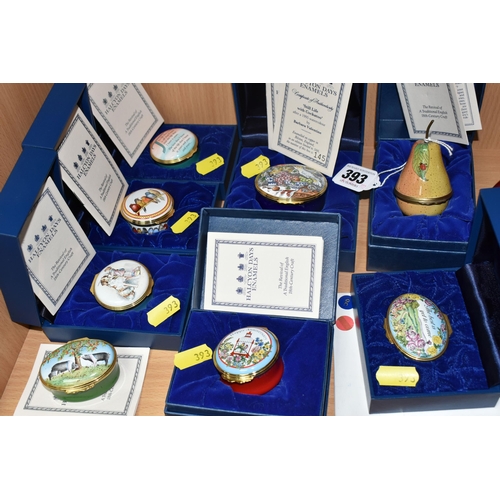 393 - EIGHT HALCYON DAYS BONBONNIERES, a collection of eight Halcyon Days enamel boxes, oval and circular ... 