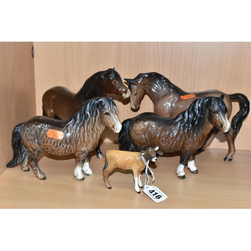 416 - A GROUP OF BESWICK ANIMAL FIGURES, comprising Exmoor Pony 'Heatherman' model no 1645 (small chip to ... 