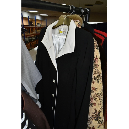 625 - A QUANTITY OF LADIES' JACKETS, COATS, SUITS AND VINTAGE DRESSES, to include a plum coloured velvet s... 