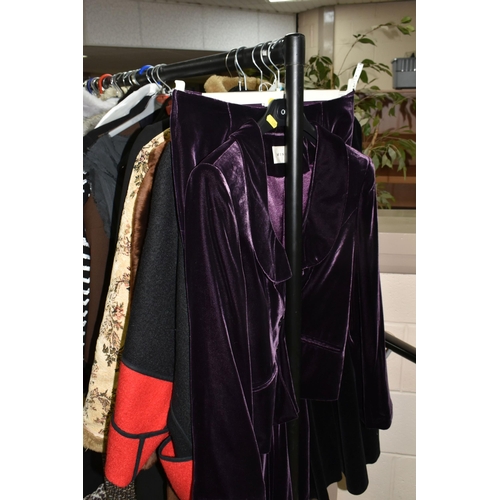 625 - A QUANTITY OF LADIES' JACKETS, COATS, SUITS AND VINTAGE DRESSES, to include a plum coloured velvet s... 