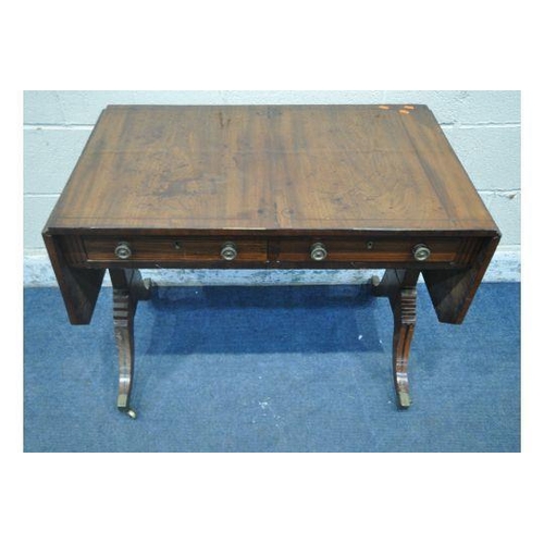 1200 - A GEORGIAN MAHOGANY DROP LEAF SOFA TABLE, with two frieze drawers, raised on twin supports and shape... 